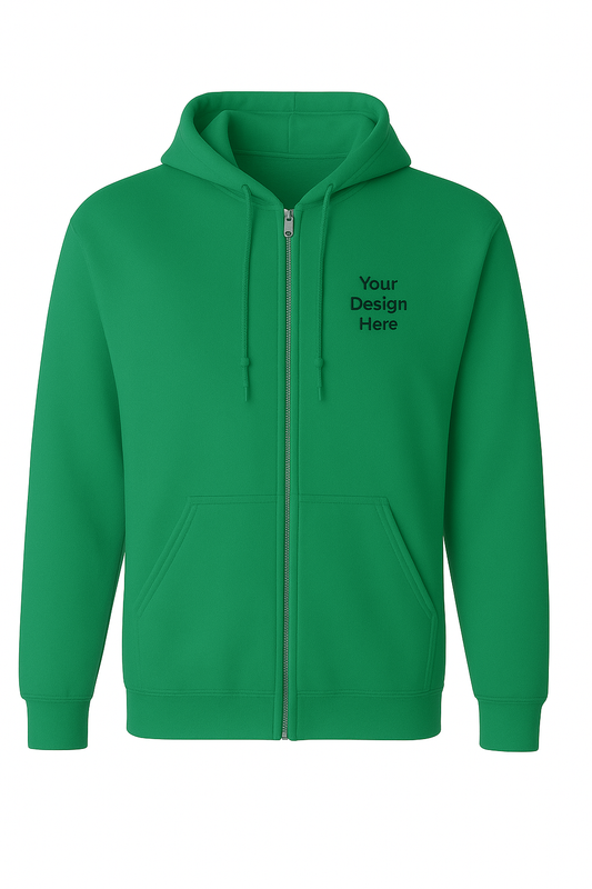 Close-up of logo printed with vibrant DTF transfer on Gildan Heavy Blend hoodie, ideal for casual and workwear customization. Back view of custom embroidered full-zip hoodie designed for business branding, staff uniforms, and events.