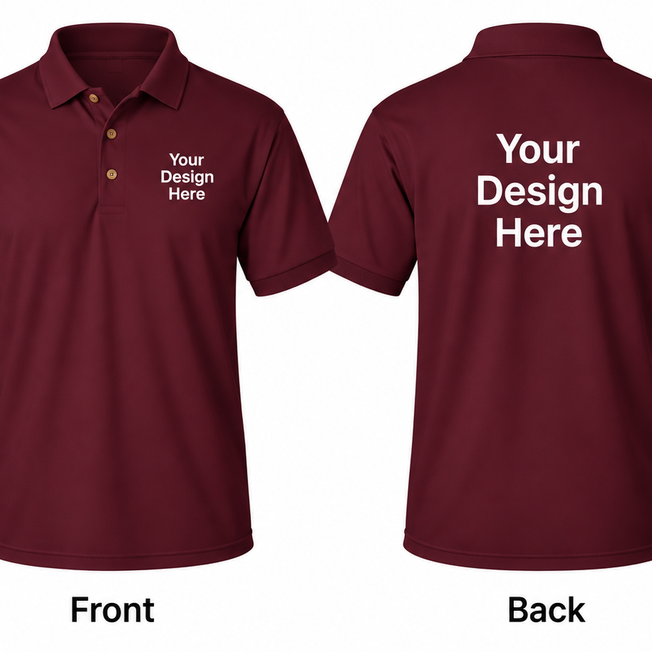 Maroon custom men’s polo showing front and back design placement