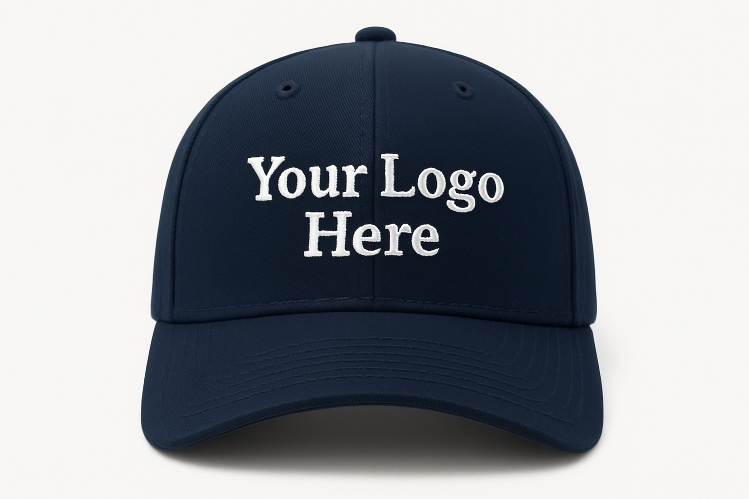 Navy Blue baseball cap, facing forward, with the text: "Your Logo Here" on the cap embroidered