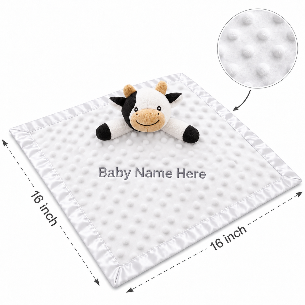 Personalized cow baby lovey blanket with embroidered name