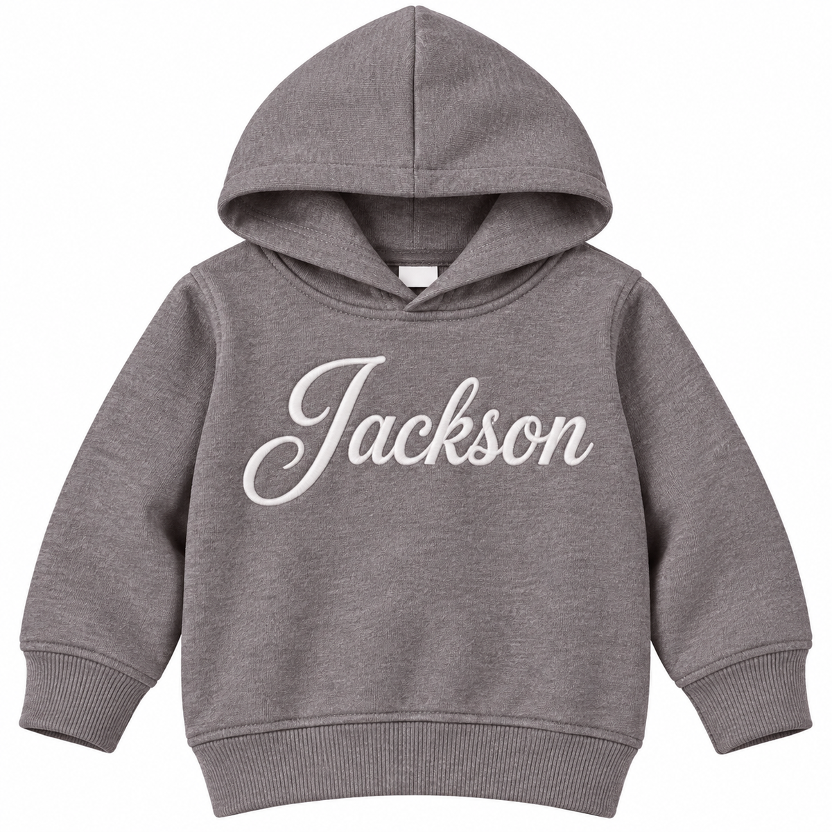 A toddler-sized heather gray pullover hoodie with the name 'Jackson' printed across the chest in a white cursive script, shown against a plain white background.