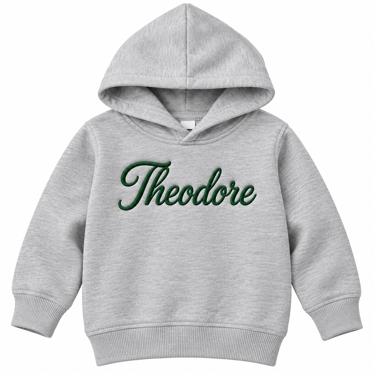 A light heather gray toddler pullover hoodie with the name 'Theodore' embroidered in dark green cursive script across the chest, shown on a plain white background.