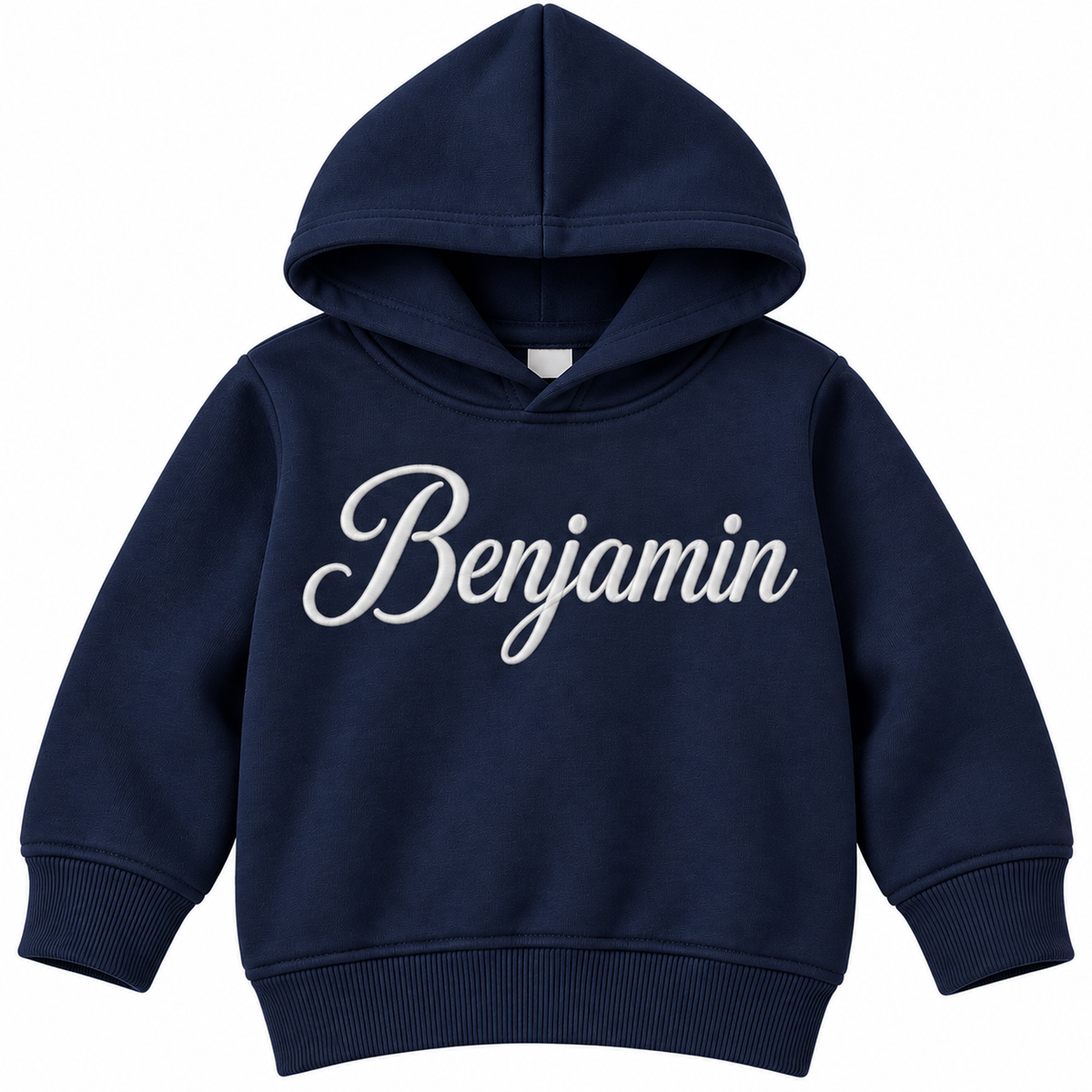 A navy blue kids' pullover hoodie with the name 'Benjamin' printed across the chest in white cursive script, shown on a plain white background.