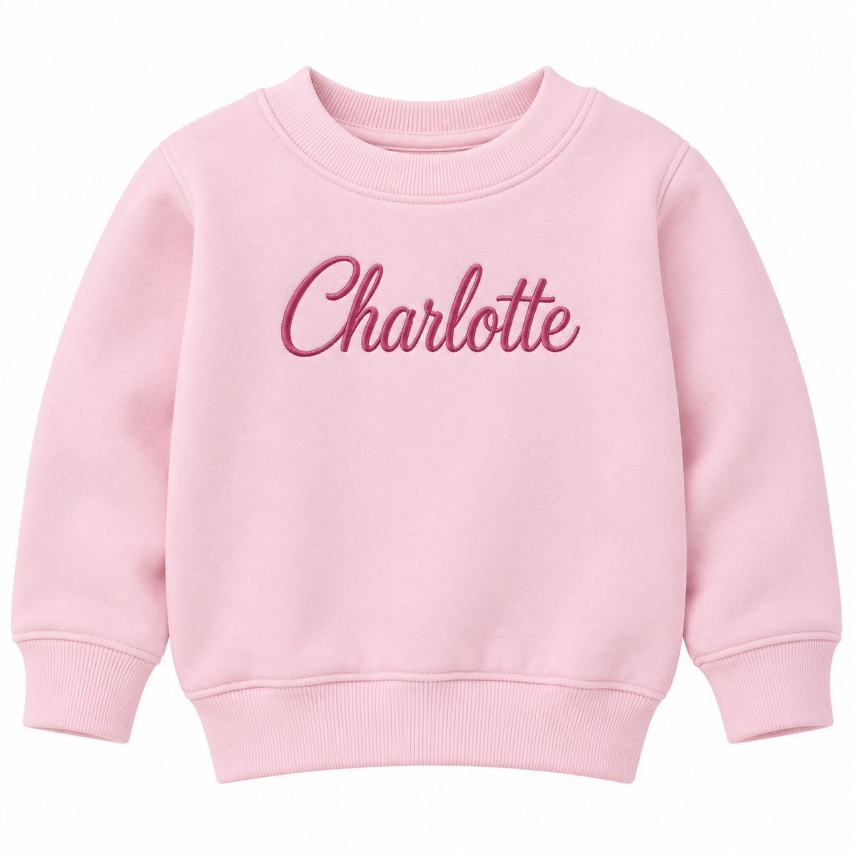 A light pink crewneck sweatshirt with the name 'Charlotte' embroidered in dark pink cursive script across the chest, displayed on a solid white background.