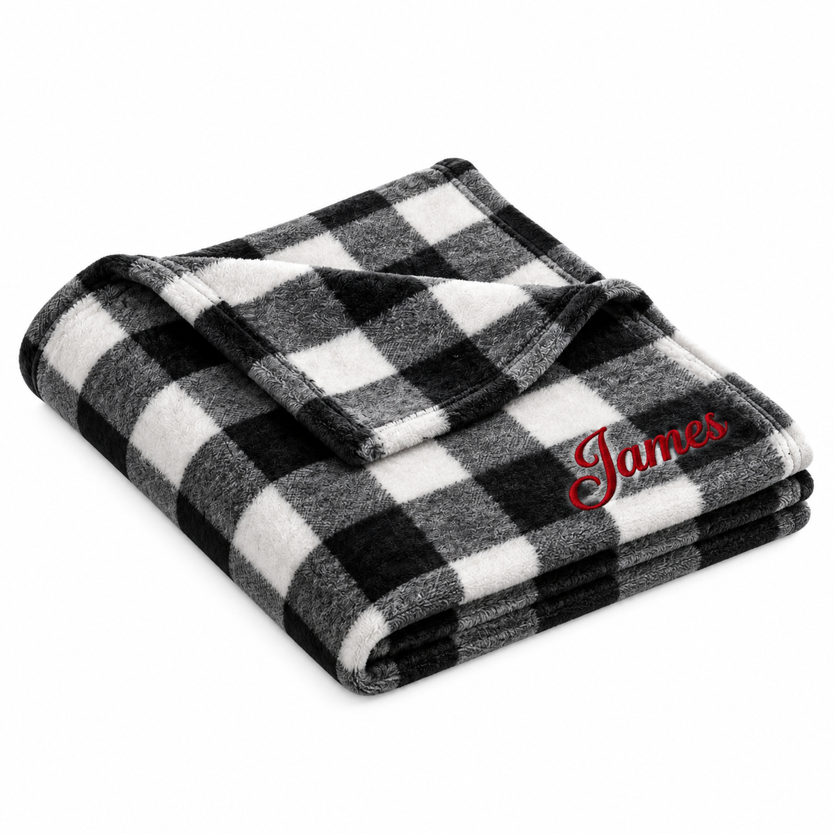 Personalized Black and White Plaid ultra plush blanket embroidered with James in red Flair Script