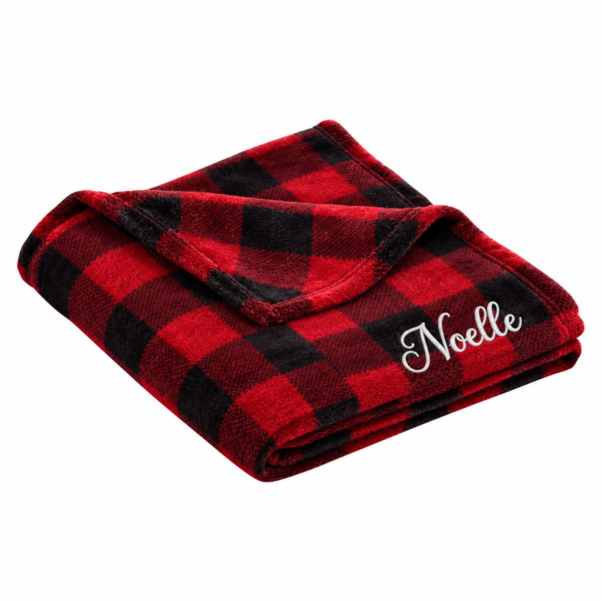 Personalized Buffalo Plaid ultra plush blanket embroidered with Noelle in white Flair Script