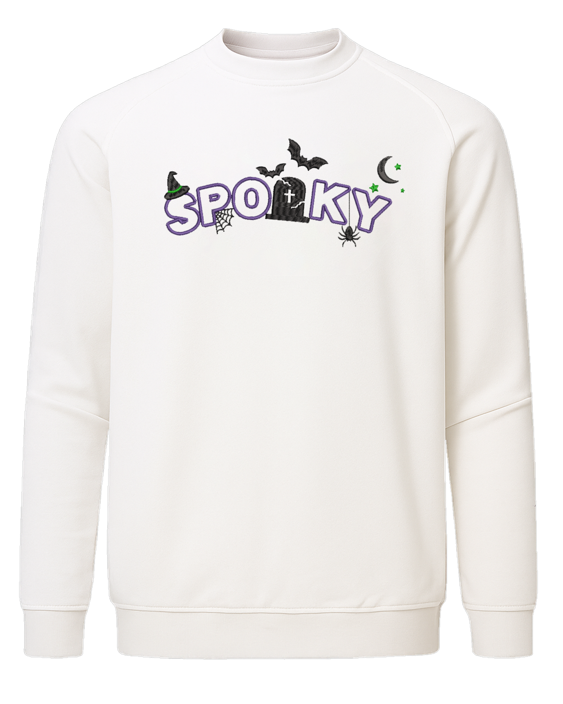 Spooky Halloween embroidered sweatshirt with witch hat, spider, bats, gravestone, crescent moon, and stars stitched design