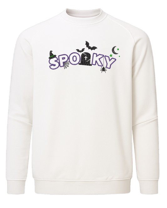 Spooky Halloween embroidered sweatshirt with witch hat, spider, bats, gravestone, crescent moon, and stars stitched design