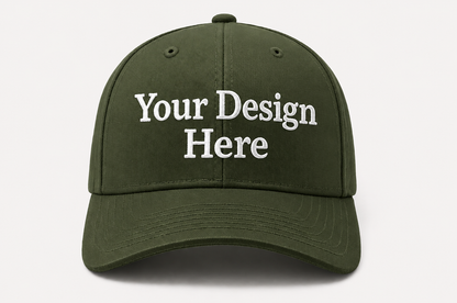 Army green baseball cap featuring custom embroidery for workwear, outdoor brands, and company apparel.