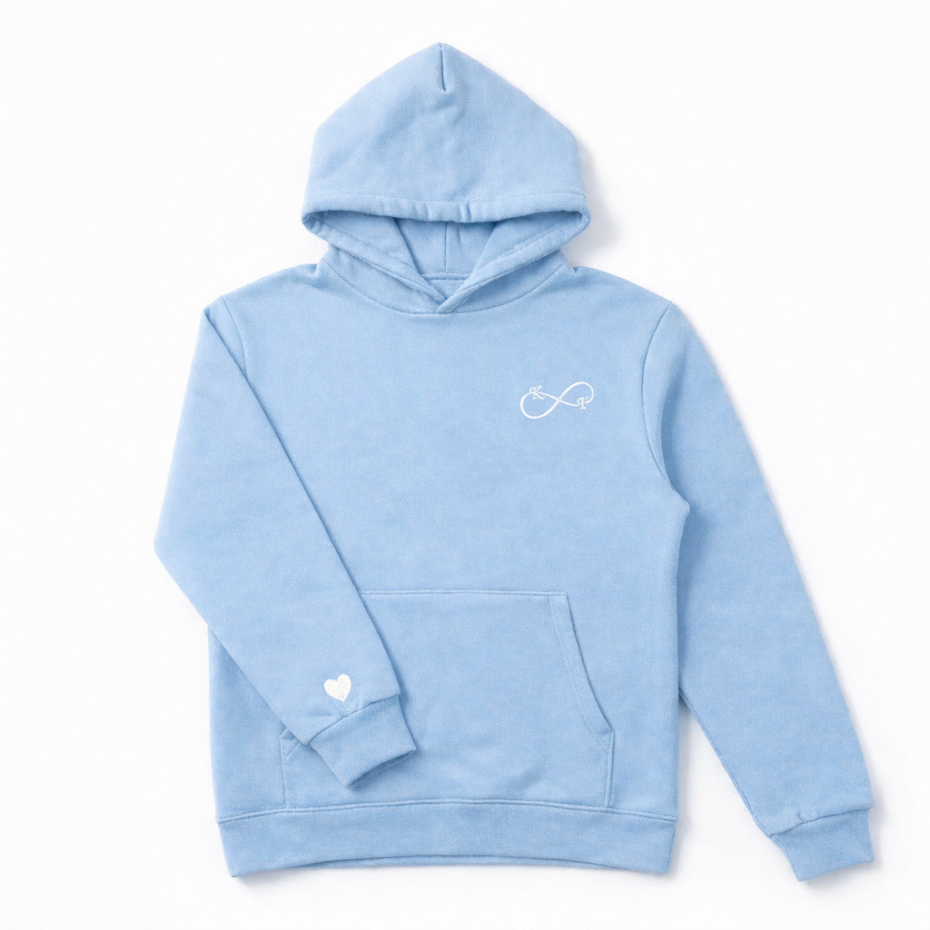Baby blue couples hoodie featuring white infinity embroidery with initials, custom embroidered apparel by Sharp Stitch, Illinois-based with nationwide delivery.