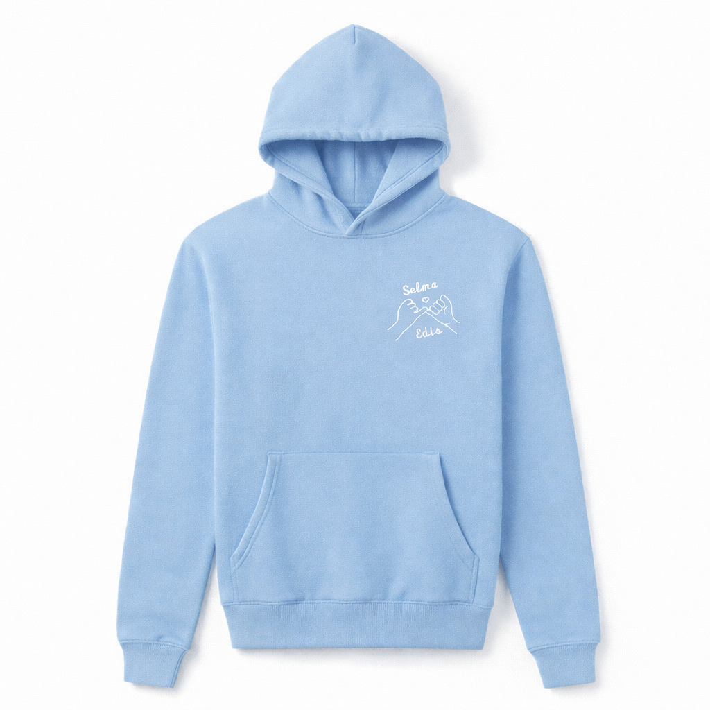 Baby blue custom embroidered hoodie for couples. Clean chest embroidery and unisex fit. Bulk orders welcome.