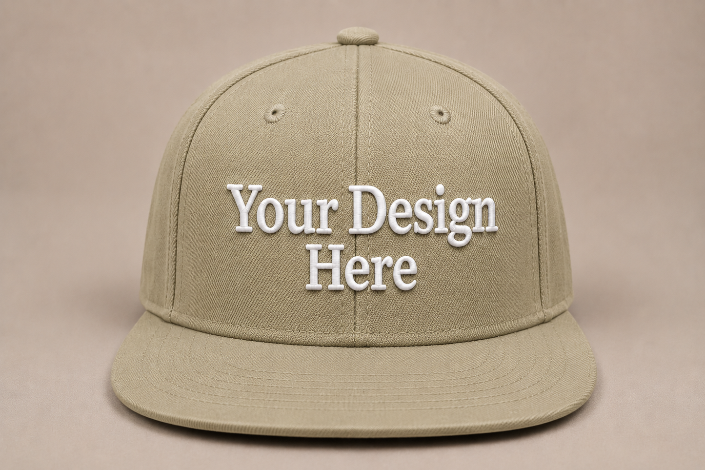 Neutral beige snapback featuring professional embroidery for businesses, events, and lifestyle brands.
