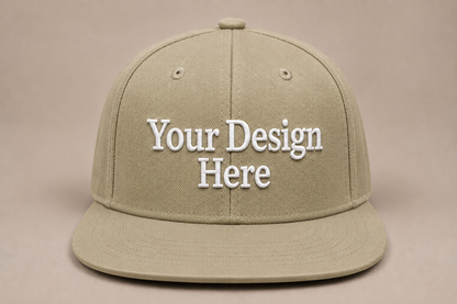Neutral beige snapback featuring professional embroidery for businesses, events, and lifestyle brands.