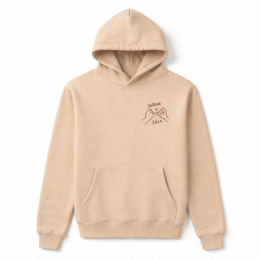 Beige personalized hoodie with pinky promise embroidery. Professionally stitched for long-lasting quality.