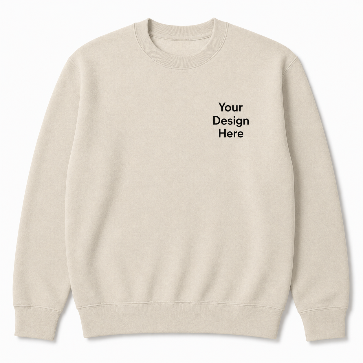 Beige crewneck sweatshirt featuring a left chest design placeholder. A clean, modern option for embroidered logos, boutique apparel, personalized gifts, and company branding.