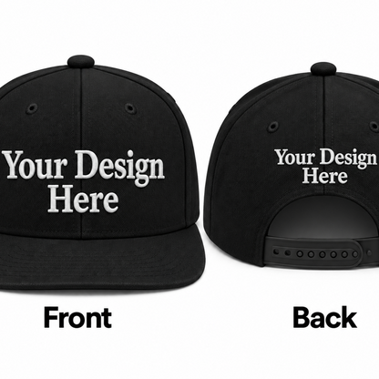 Black custom embroidered snapback hat shown from the front and back