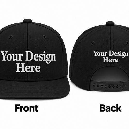 Black custom embroidered snapback hat shown from the front and back