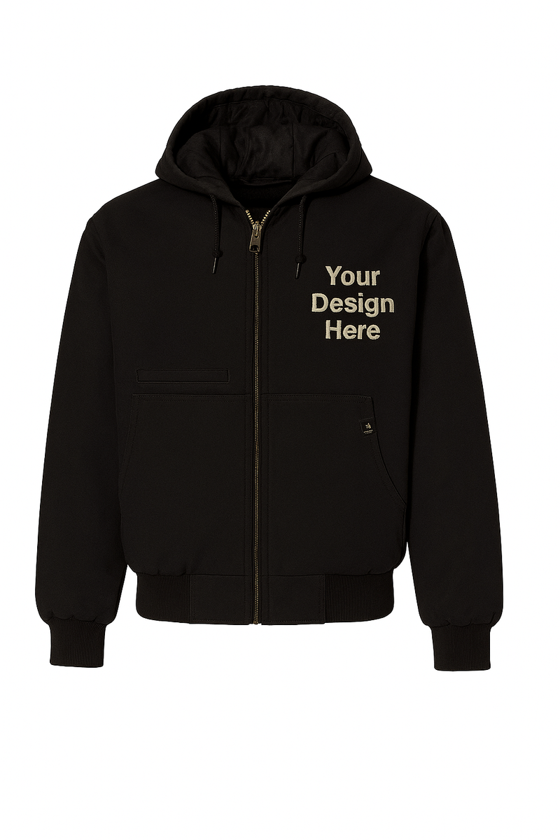 Front view of a custom embroidered work jacket customized by Sharp Stitch in Niles, IL. Offering embroidery and DTF printing for businesses and organizations with shipping to all 50 states, including California, Texas, Florida, New York, Illinois, Michigan, Ohio, Georgia, North Carolina, and Pennsylvania.