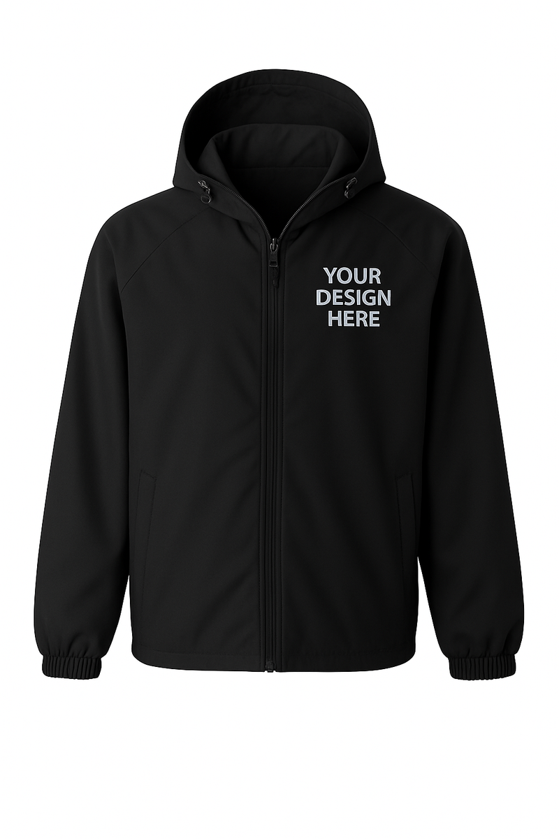 Black jacket with 'Your Design Here' text on a white background

Sport-Tek JST73 Hooded Raglan Jacket customized with a full-color DTF printed logo. Offered by Sharp Stitch in Niles, IL, providing premium printing services for Chicago businesses and organizations.

Back view of customizable windbreaker jacket for branded company apparel and promotional outerwear.