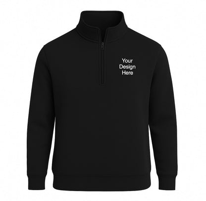Black Unisex fleece 1/4-zip sweatshirt featuring a full-color DTF printed logo on the left chest. Available in multiple colors from Sharp Stitch in Niles, IL.