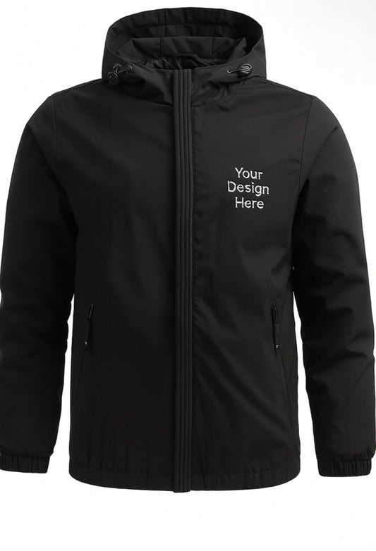 Black Solid color hooded jacket with a full-color DTF printed logo on the left chest. Available from Sharp Stitch in Niles, IL, serving Chicago & shipping nationwide.