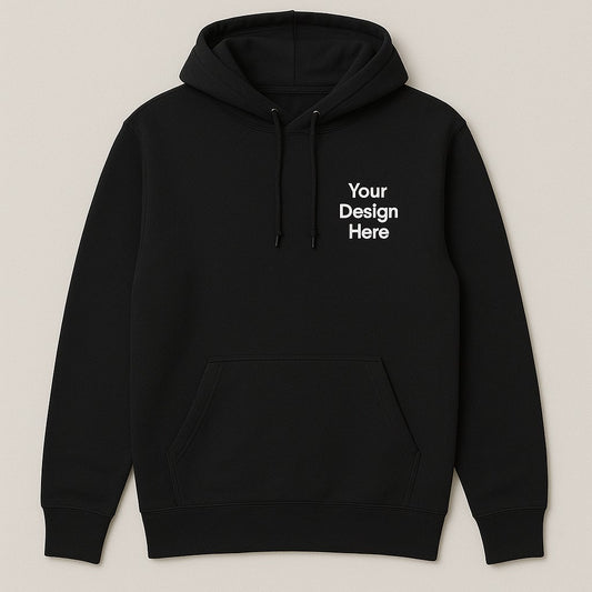 Black hoodie with text 'Your Design Here' on a light gray background

Unisex hoodie available in multiple colors, custom printed with a business logo using vibrant full-color Direct-to-Film (DTF) printing. Perfect for staff uniforms, events, and promotional apparel.