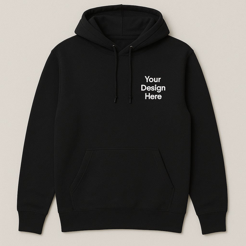Black hoodie with text 'Your Design Here' on a light gray background

Unisex hoodie available in multiple colors, custom printed with a business logo using vibrant full-color Direct-to-Film (DTF) printing. Perfect for staff uniforms, events, and promotional apparel. view of Gildan 18500 hoodie showing clean print-ready fabric ideal for DTF prints or embroidered designs for businesses and teams across the USA.