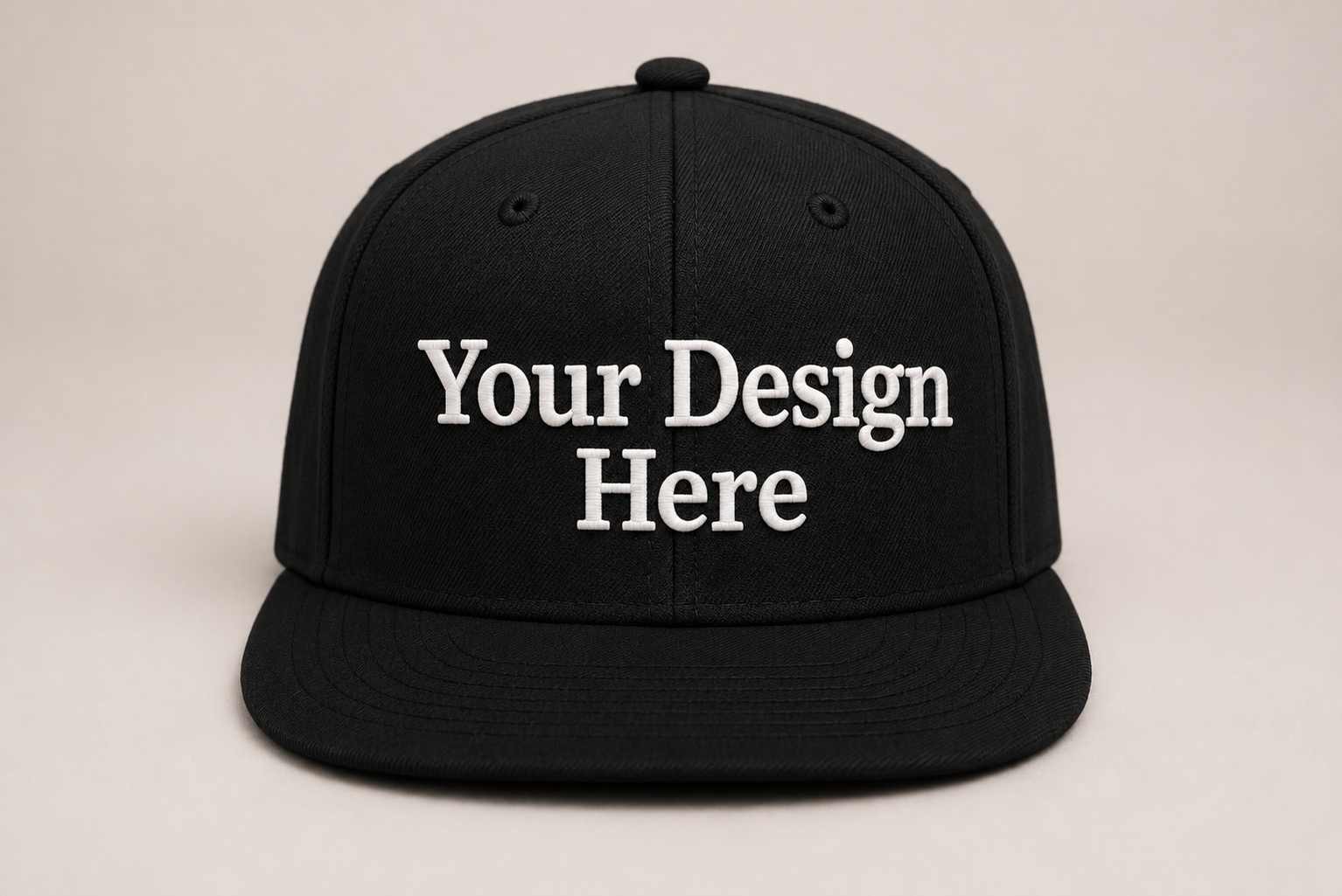 Premium black flat bill snapback customized with professional logo embroidery for businesses, teams, and branded apparel.