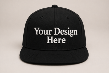 Premium black flat bill snapback customized with professional logo embroidery for businesses, teams, and branded apparel.