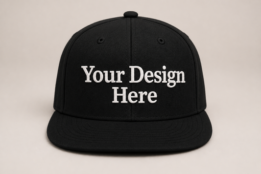 Premium black flat bill snapback customized with professional logo embroidery for businesses, teams, and branded apparel.