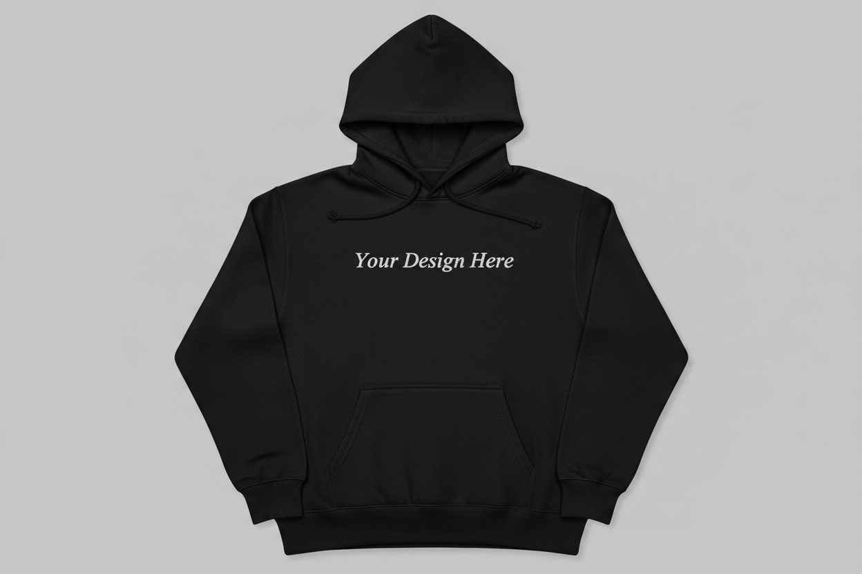 Black hoodie with centered “Your Design Here” text for custom embroidery or DTF printing, offered by Sharp Stitch USA; great for corporate apparel, staff uniforms, small business branding, or personalized gifts.