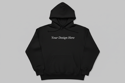 Black hoodie with centered “Your Design Here” text for custom embroidery or DTF printing, offered by Sharp Stitch USA; great for corporate apparel, staff uniforms, small business branding, or personalized gifts.