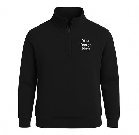 Black quarter-zip sweatshirt with 'Your Design Here' text on a white background
Unisex fleece 1/4-zip sweatshirt with left chest business logo embroidery. Available in multiple colors from Sharp Stitch in Niles, IL.
