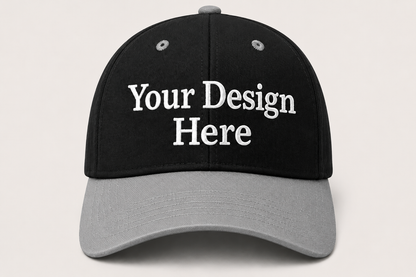 Black and gray cap with 'Your Design Here' text on a light gray background