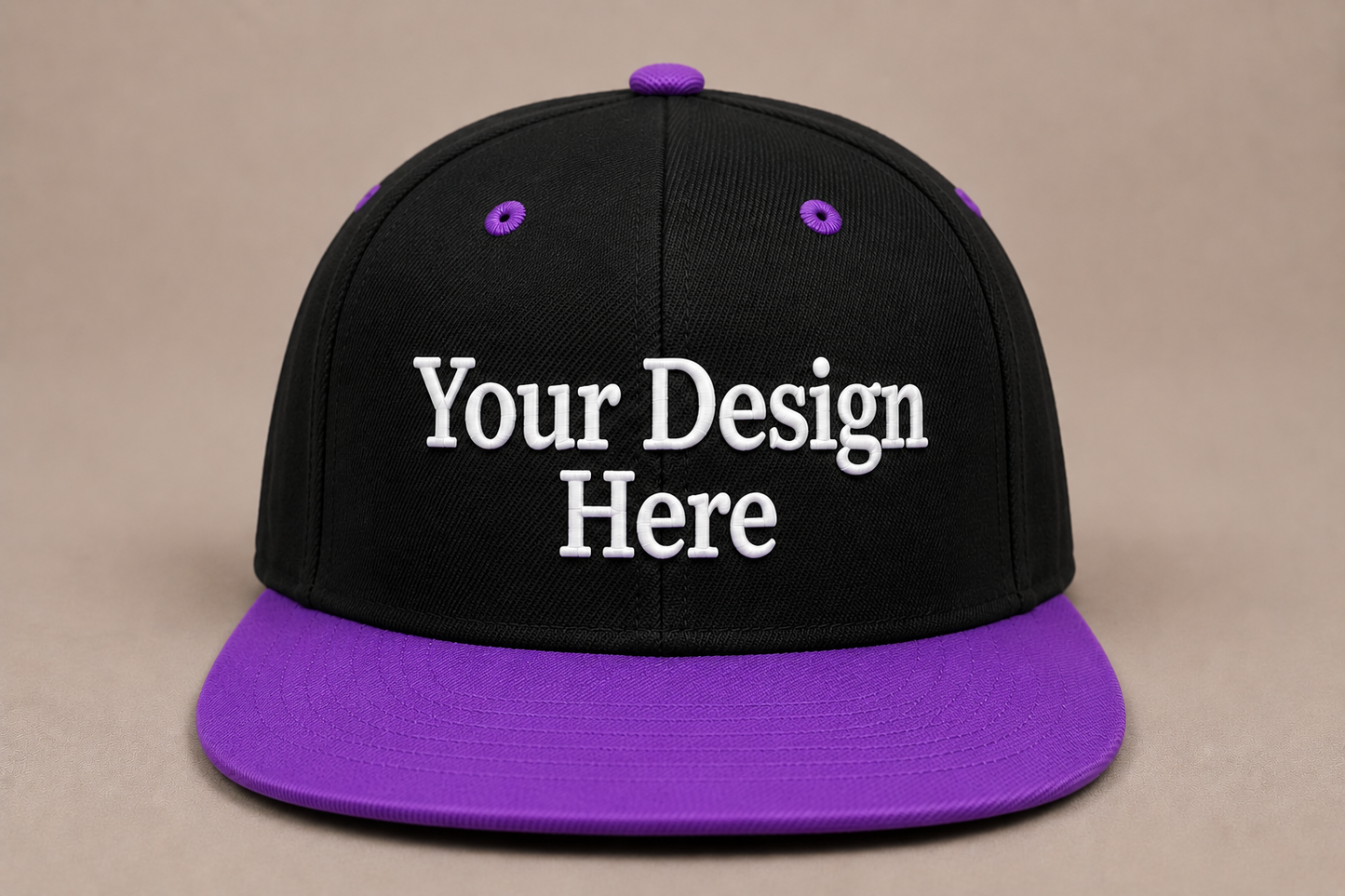 Black crown and purple visor snapback featuring custom embroidery and bold contrast styling.