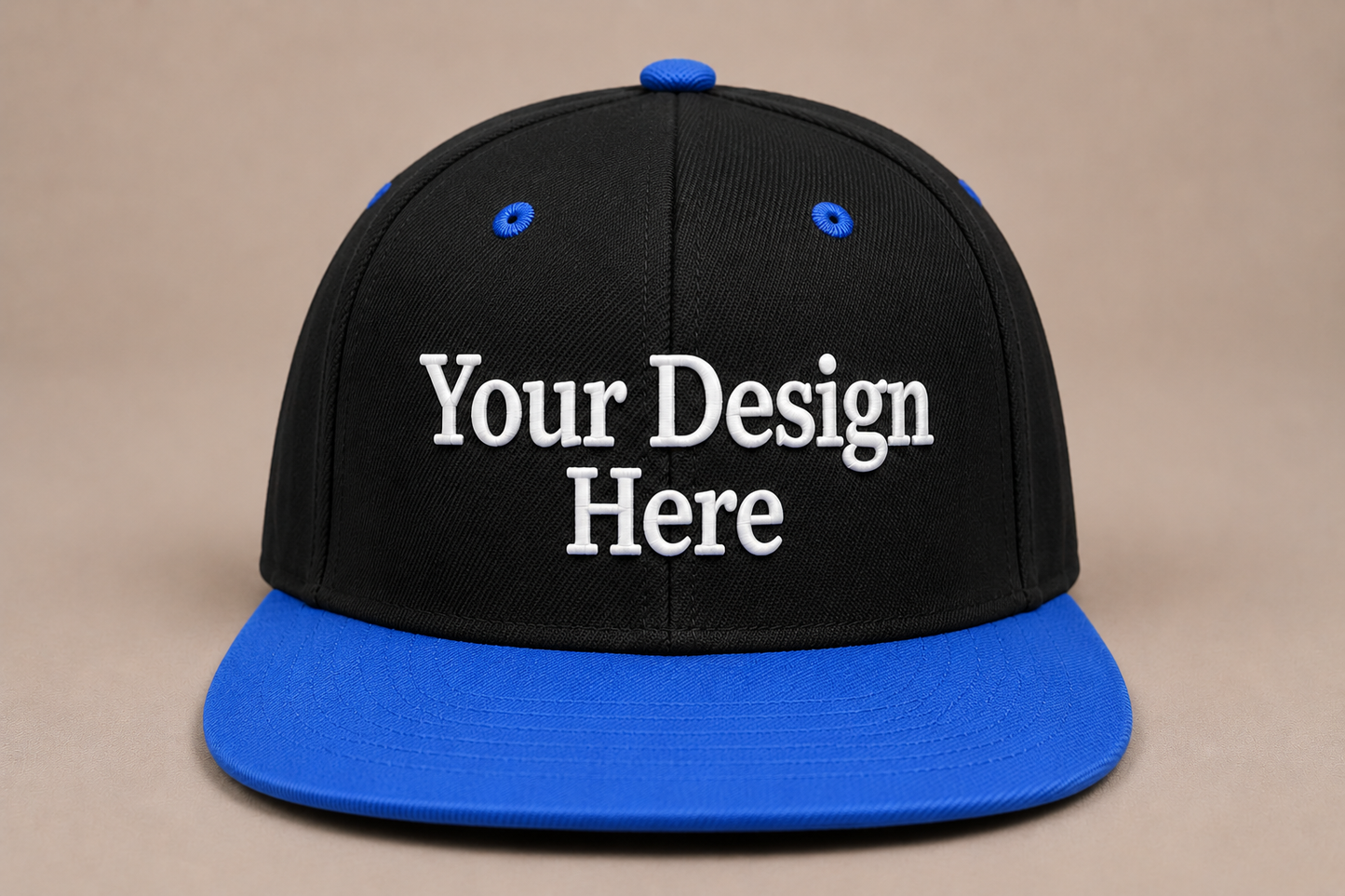 Black snapback with royal blue visor customized with embroidered logos for businesses and organizations.