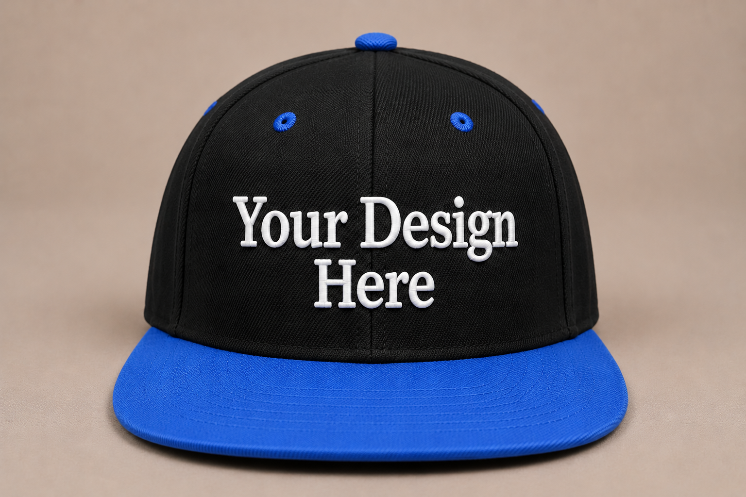 Black snapback with royal blue visor customized with embroidered logos for businesses and organizations.