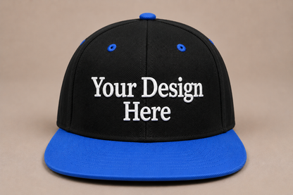 Black snapback with royal blue visor customized with embroidered logos for businesses and organizations.