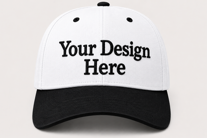 Stylish two-tone black and white baseball cap featuring custom logo embroidery for professional branding.