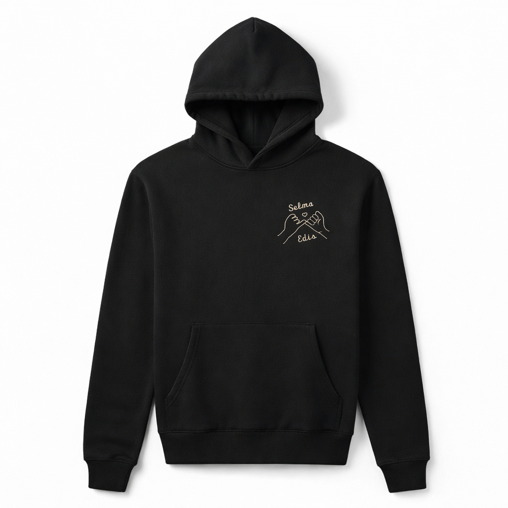 Black embroidered sweatshirt with personalized names and minimalist pinky promise design. No minimum order required.
