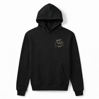 Black embroidered sweatshirt with personalized names and minimalist pinky promise design. No minimum order required.