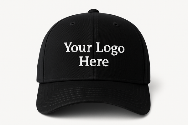 Black Custom embroidered business logo baseball cap by Sharp Stitch, perfect for company uniforms and promotional hats