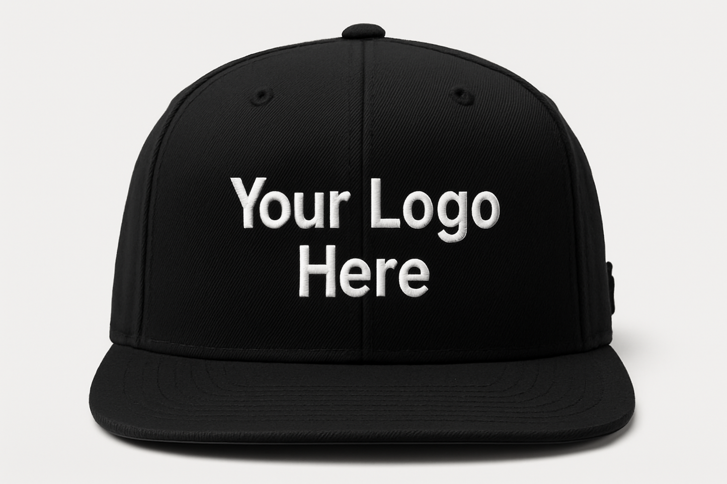 Black Custom embroidered snapback hat with business logo by Sharp Stitch, flat bill cap for uniforms and promotional wear
