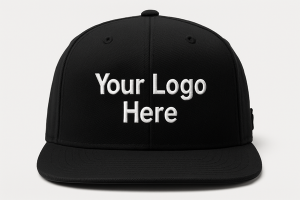 Black Custom embroidered snapback hat with business logo by Sharp Stitch, flat bill cap for uniforms and promotional wear