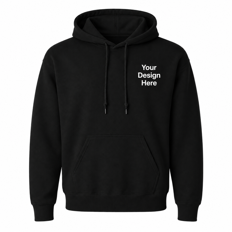 Heavyweight black hoodie customized with professional embroidery. Perfect for employee uniforms, construction companies, landscaping crews, trades, schools, and corporate branding.
