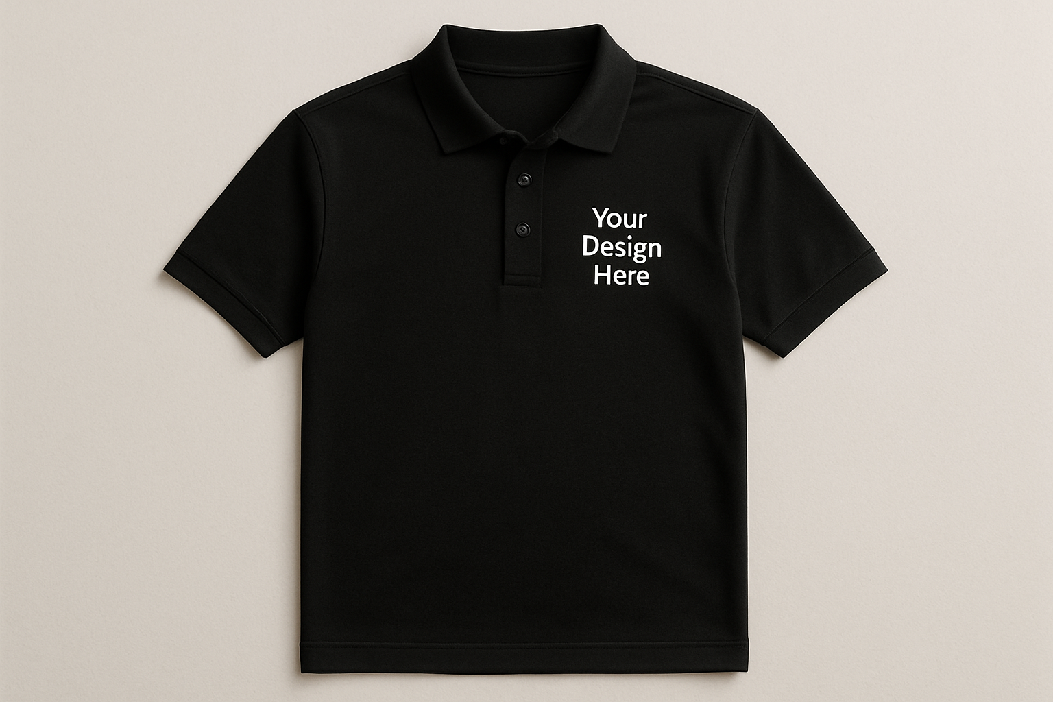 Black polo shirt with 'Your Design Here' text on a beige background
Short sleeve unisex polo shirt with embroidered left chest company logo. Available in multiple colors and sizes from Sharp Stitch in Niles, IL.
