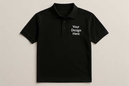 Black polo shirt with 'Your Design Here' text on a beige background
Short sleeve unisex polo shirt with embroidered left chest company logo. Available in multiple colors and sizes from Sharp Stitch in Niles, IL.
