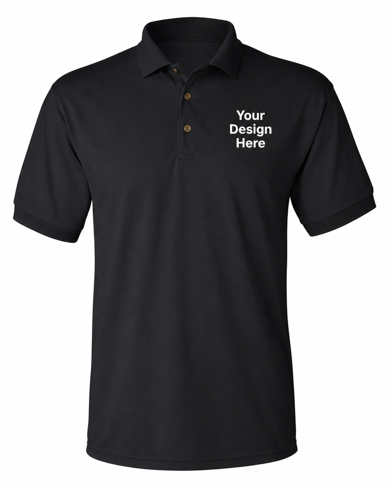 Black custom embroidered polo shirt with logo placement by Sharp Stitch Chicago