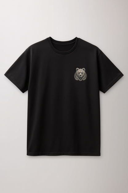 Black t-shirt with a bear emblem on a light gray background. Custom DTF Print and Custom Embroidery 

