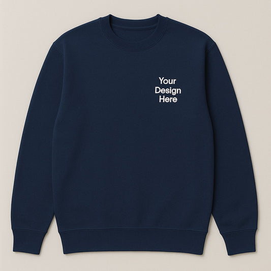 Navy blue sweatshirt with 'Your Design Here' text on a beige background
Crewneck sweatshirt available in multiple colors, custom printed with your business logo using vibrant, durable full-color DTF printing.
